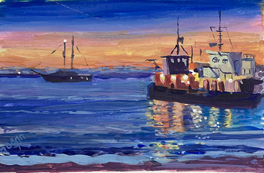 <em>Harbor Lights</em><span>Gouache </span><span>4x6</span><span>$125</span>